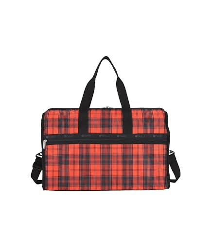 LeSportsac Red Tartan Deluxe Large Weekender Crossbody Bag, Style 4319/Color E944, Modern & Bold Plaid, Sleek Black & Spicy Red Evokes Strength & Positivity, Subtle Sheen, Recycled Collection