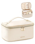 Prite Makeup Bag, Large Capacity Cosmetic Bag for Women and Girls, Waterproof PU Leather Travel Makeup Case, Toiletry Organizer with Handle and Divider for Skincare and Brushes - Beige