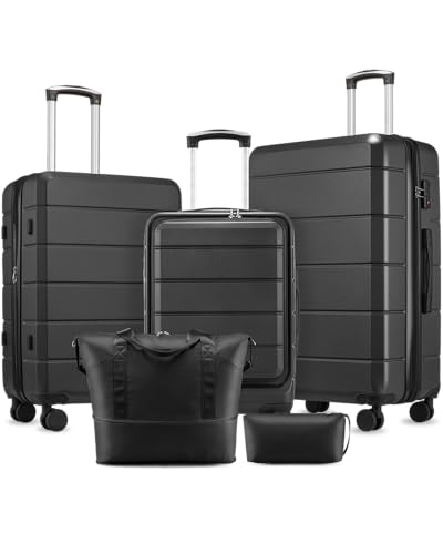 Luggage Sets 5 Piece, H1F Hardside Suitcase With Wheels - Spinner Wheels, TSA Lock, Includes Tote Bag（FX-Lite,Black,5 Piece Sets）
