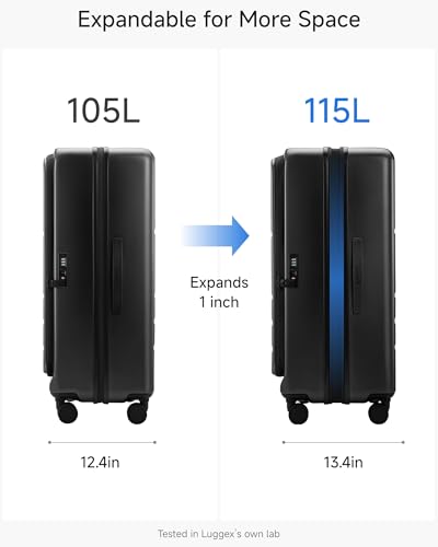 LUGGEX Checked Suitcase with Spinner Wheels, FLO5 Top Opening Expandable Polycarbonate Hard Shell Suitcase with TSA Approved Lock (FX-Core, Black, 28 Inch)