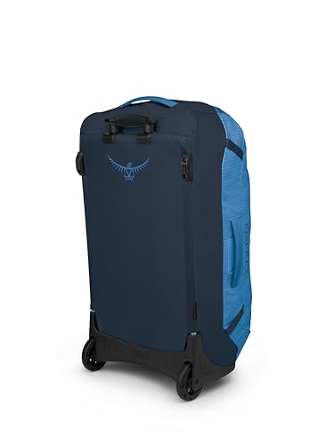 Osprey Transporter 90L Wheeled Travel Duffel Bag - Large Lightweight Rolling Suitcase for Men and Women, Blue Flame/Nocturnal Blue