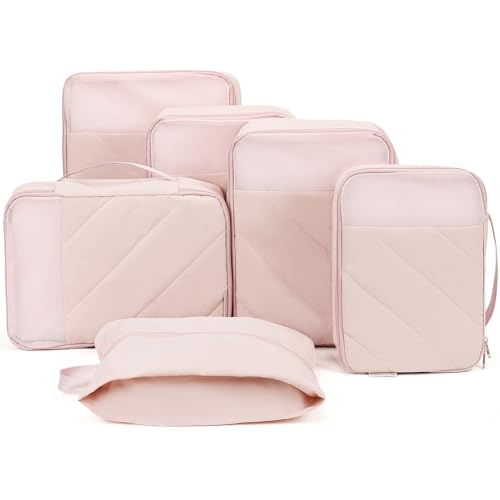 NISHEL 6 Set Packing Cubes for Travel, Luggage Organizer Bags with Shoe Bag, Lightweight, Durable Space Saver Bags Travel Essentials, Pink