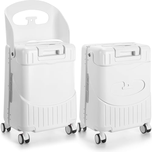 Bulyoou Carry on Luggage with Seat for Kids Expandable Ride on Suitcase with Spinner Wheels and Locks for Travel (20 Inch,White)