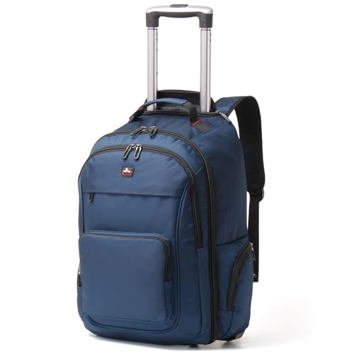WIRABO 17.3 Inch Rolling Backpack for Adults, 40L Water Resistant Laptop Backpack with Wheels, Flight Approved Carry on Luggage for Business Travel, Roller Bag for Men Women College, Blue
