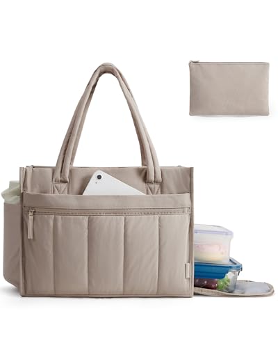 BAGSMART Tote Bag for Women Puffer 15.6 Inch Laptop Work Bag Large Purse Shoulder Handbag Crush Bow Tote with Insulated Lunch Bag for Travel Office Gym, Camel