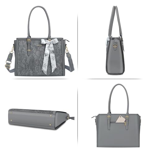 MOSISO Laptop Bag for Women, 15.6-16 inch PU Leather Tote Bag Compatible with MacBook, HP, Dell, Asus Notebook, Front Embossed Retro Hibiscus Computer Bags with Silk Scarf&Clutch Purse, Gray