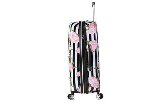 Betsey Johnson 26 Inch Checked Luggage Collection - Expandable Scratch Resistant (ABS + PC) Hardside Suitcase - Designer Lightweight Bag with 8-Rolling Spinner Wheels (Stripe Roses)