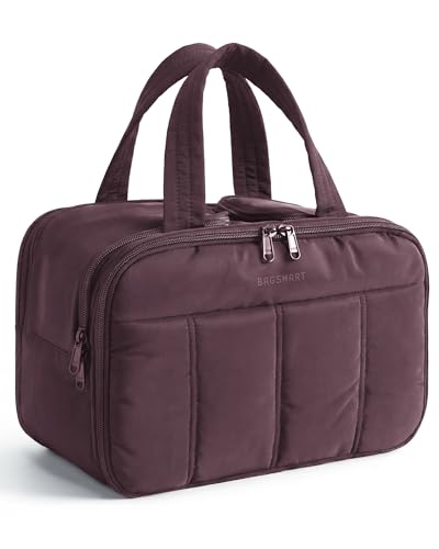 BAGSMART Travel Toiletry Bag, Puffy Large Toiletry Bag for Women, Lightweight Cosmetic Makeup Bag Organizer with Handle for Traveling, Accessories, Essentials, Toiletries (Black Purple)