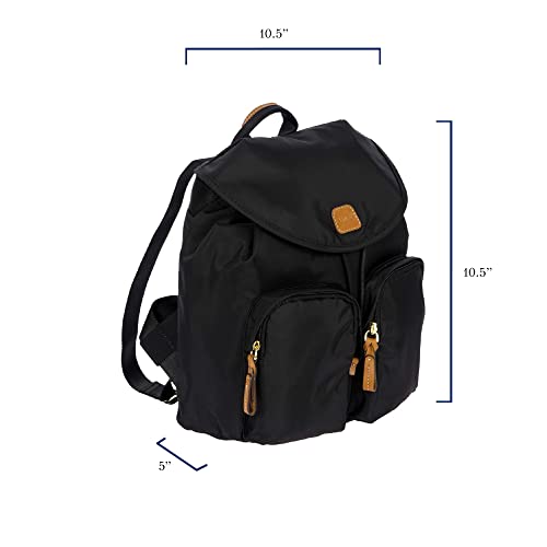 Bric's X-Travel Piccolo City Backpack 10", Water-Resistant Satin Nylon Daypack with Leather Details, Drawstring Closure, Adjustable Straps and Multi-Pocket Organization - Black
