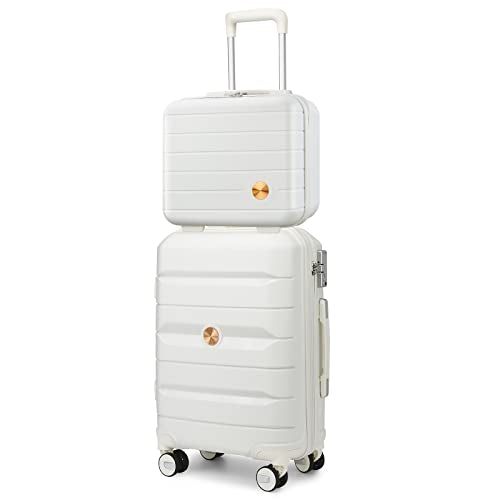 Somago 20" Carry On Luggage and 14" Mini Cosmetic Cases Travel Set Lightweight Polypropylene Suitcase with TSA Lock YKK Zipper Hardside Luggage with Spinner Wheels (2 Piece Set, Creamy White)