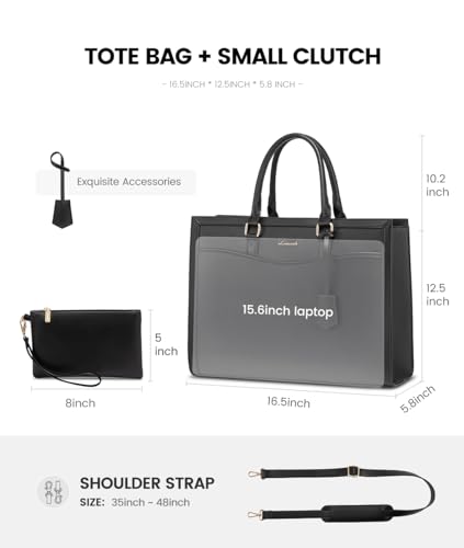 LOVEVOOK Laptop Tote Bag for Women, Leather Office Work Bag Briefcase fit for 15.6 inch Laptop, Large Teacher Computer Bag Handbag,2pcs Set Leather/Black