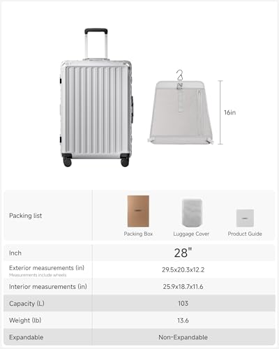 LUGGEX Checked Suitcase with Spinner Wheels, 8010S Aluminum Frame Zipperless Polycarbonate Hard Shell Suitcase (ZX-Core, Silver, 28 Inch)