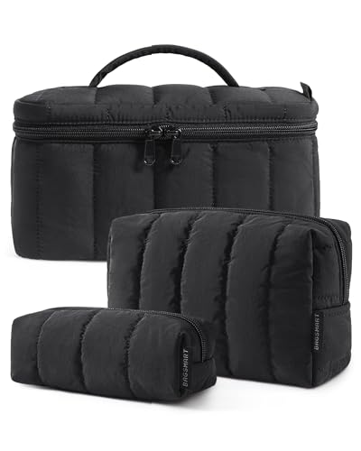 BAGSMART Travel Makeup Bag for Women, 3 Pcs Puffy Padded Cosmetic Organizer Bag, Large Toiletry Case and Small Purse Pouch for Gym, Work, Girls (Black)