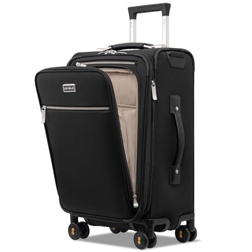 LEVEL8 Carry On Luggage with Compartment, 20 Inch Softside Expandable Travel Suitcase with Spinner Wheels, Top Opening Luggage, Men and Women, Black
