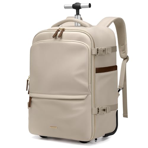 GOLF SUPAGS Rolling Backpack for Women 17 Inch Convertible Travel Laptop Backpack with Wheels, 32L Carry On Business Luggage Daypack Water-Resistant Rolling Bag for Work Short Trips (Apricot)
