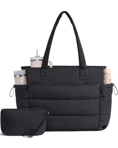 LOVEVOOK Tote Bag for Women with Giant Tumbler Holder Pocket, Puffer Work Travel Handbag with Zipper for Nurse Teacher, Quilted Cute Laptop Shoulder Purse with Compartments for Office Gym, Black