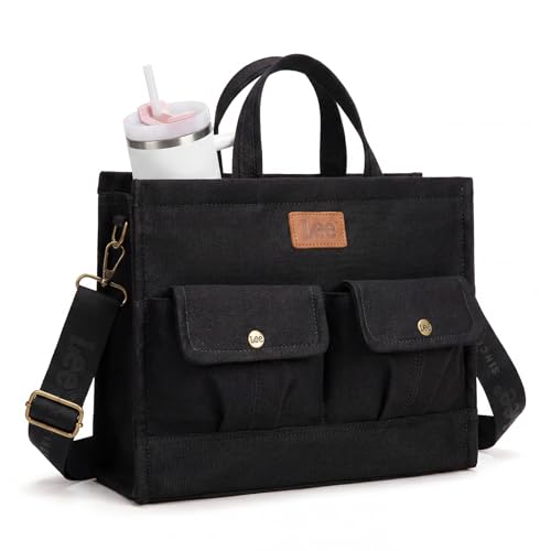 Lee Canvas Tote Bag for Women, Medium Women's Crossbody Bags Work Laptop, Zipper Handbag Purse, Adjustable Detachable Strap, Multi Compartment Shoulder Bag for Commute Travel, LEE53-006BK