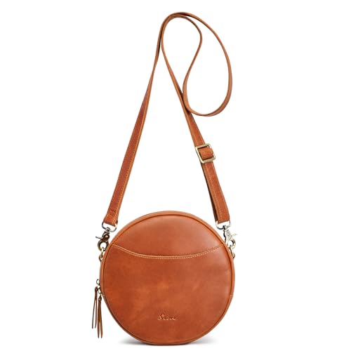 S-ZONE Leather Crossbody Bags for Women Trendy Circle Cross Body Shoulder Bag Designer Round Purses