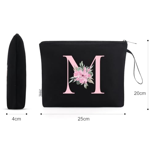 Vavabox A-Z Personalized Makeup Bag, Birthday Gifts for Women Mom, Gifts for Best Friend, Bride Bridesmaid Cosmetic bag (M, Black)