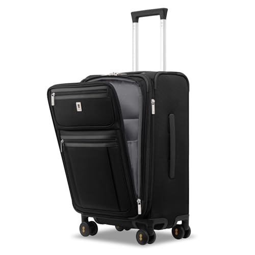 LEVEL8 Carry On Luggage Airline Approved with Compartment, Softside Expandable Rolling Suitcase with Spinner Wheels, Black, Carry-On 20-Inch
