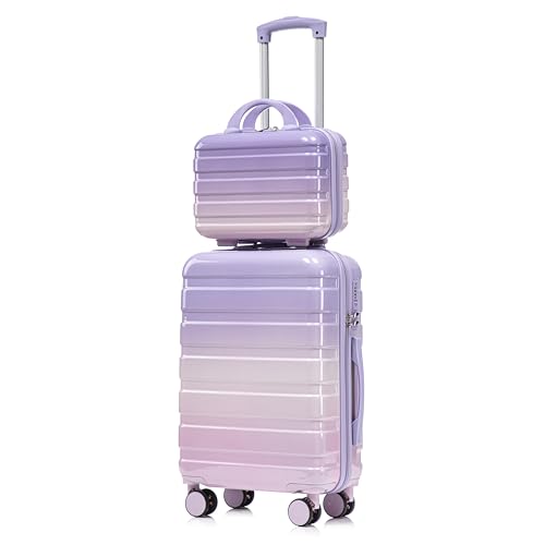 Luccalily Gradient Purple-Pink Luggage Set 14" & 20" - 2 Piece PC Spinner Wheel Suitcases with Combination Lock, Lightweight Carry On for Business & Vacation