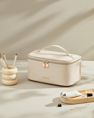 Prite Makeup Bag, Large Capacity Cosmetic Bag for Women and Girls, Waterproof PU Leather Travel Makeup Case, Toiletry Organizer with Handle and Divider for Skincare and Brushes - Beige