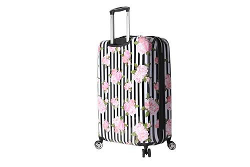 Betsey Johnson 26 Inch Checked Luggage Collection - Expandable Scratch Resistant (ABS + PC) Hardside Suitcase - Designer Lightweight Bag with 8-Rolling Spinner Wheels (Stripe Roses)