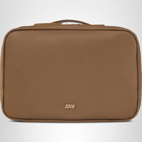 July Hanging Toiletry Bag with Hidden Hook, Clear & Leak-Resistant PVC Pocket, Toothbrush Tab, Water-Resistant Nylon and Leather Trims - Travel Essentials Bag, Bathroom Travel Organizer - Light Brown