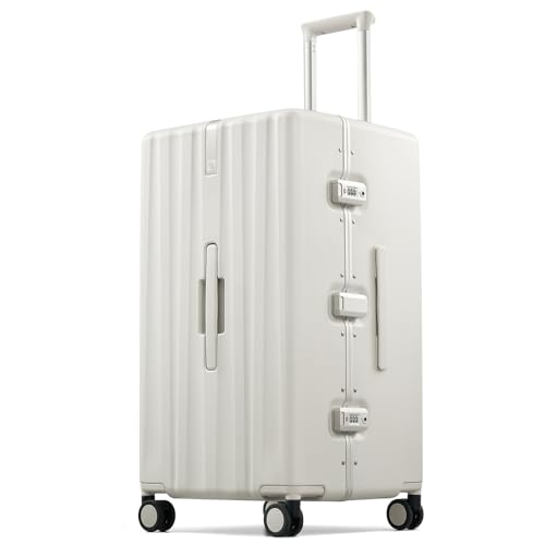 Hanke Premium 28 Inch Zipperless Extra-Large Checked Luggage, Aluminum Frame Hard Shell PC Suitcase with TSA Lock and Multi-Handle Design, 8 Quiet Spinner Wheels for Extended Trips（White）