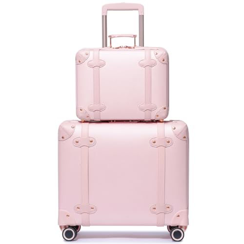 Miss.Box Vintage Carry On Luggage Set with Wheels for Women, Retro Trunk Style PU Leather Suitcase with Matching Vanity Case, 14” & 18” Set