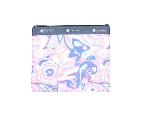 LeSportsac Radiant Reflections Deluxe Everyday Crossbody Bag + Cosmetic Bag, Style 7507/Color E541, Abstract Retro Swirls & Hearts, Soft Pastels: Blue, Pink, Amethyst & Cream, Subtle Iridescent Sheen