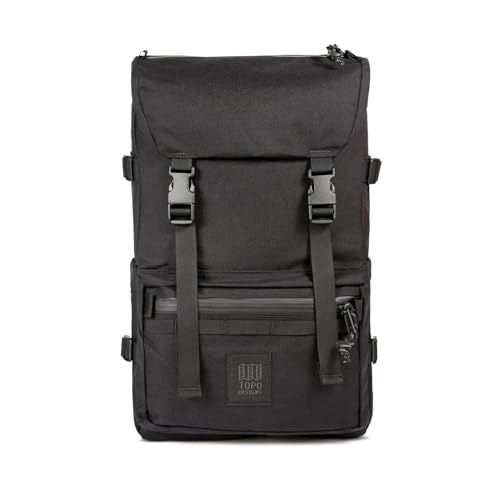 Topo Designs Rover Pack Tech - Work Business Travel Backpack, Integrated Organization, 2 Laptop Tablet Pockets, Comfortable Cushioned Support, Durable 1000D Fabric (Black/Black)