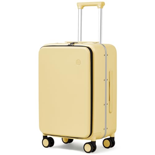 mixi Carry On Luggage, 20'' Suitcase with Front Pocket, Travel Rolling Luggage Aluminum Frame PC Hardside with Spinner Wheels & TSA Lock and Cover - Lark Yellow