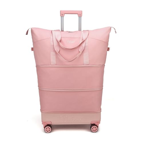 Dufanxi Expandable Rolling Travel Bag with Removable Wheels & Handle, Large Capacity Wheeled Duffle Tote, Foldable Carry On Luggage for Women, Lightweight Weekender Overnight Bag (Pink)