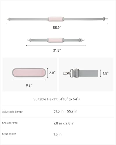 LUGGEX 56 Inch Shoulder Strap, Duffle Bag Strap, Universal Adjustable Replacement Bag Strap, Shoulder Bag Strap with Padded Metal Hooks for Crossbody Laptop Messenger Bag (SS01-Core, Pink)