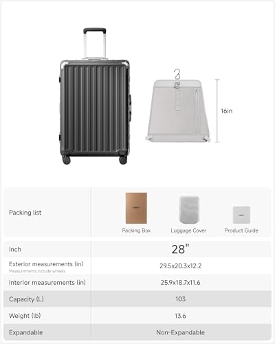 LUGGEX Checked Suitcase with Spinner Wheels, 8010S Aluminum Frame Zipperless Polycarbonate Hard Shell Suitcase (ZX-Core, Charcoal Metallic, 28 Inch)