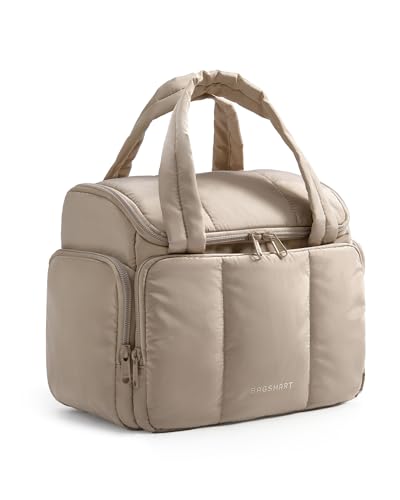 BAGSMART Toiletry Bag for Women with Dual-Padded Handles, Puffy Lightweight Makeup Bag for Makeup Accessories, Brushes Set, Travel-Sized Container, Camel