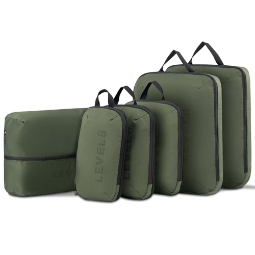 LEVEL8 Compression Packing Cubes for Suitcase, 6 Set Travel Bags with Shoe Organizer, Packing Organizers Travels Accessories in 4 Sizes (Extra Large, Large, Medium, Small), Green