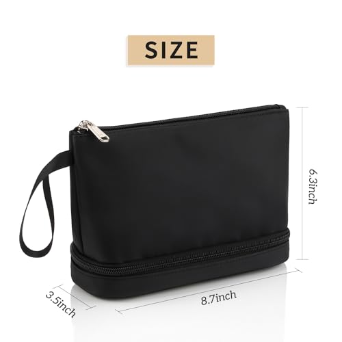 Ethereal Small Makeup Bag, 2 Layers Travel Makeup Bag with Makeup Brush Holder, Cosmetic Bag Black Make up Pouch for Women/Girls