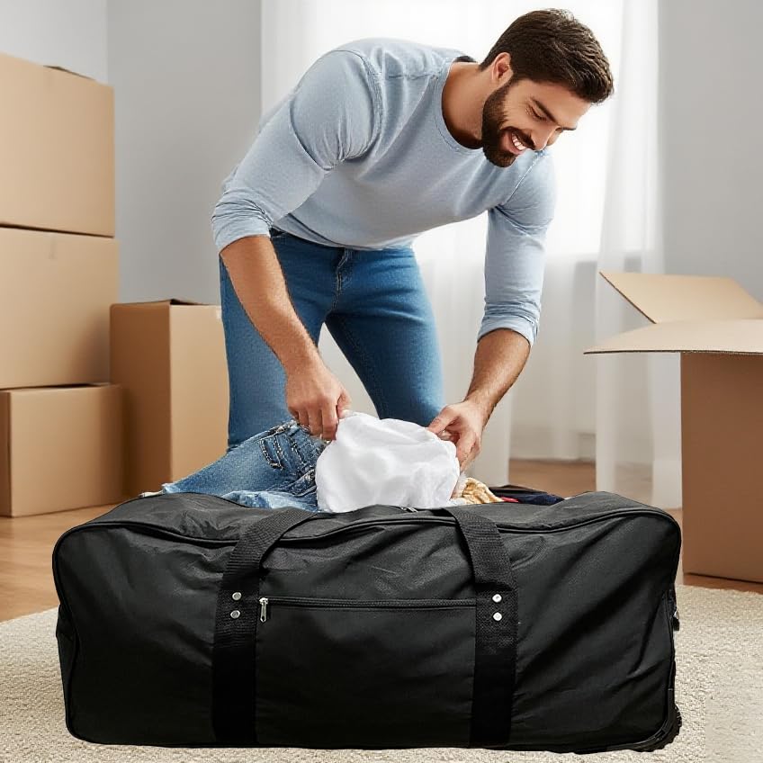36" Extra Large Foldable Rolling Duffle Bag with Support, Heavy - Duty Spacious Checked Luggage Bag, Wheelered Cargo Tote for Travel Camping Moving, Black