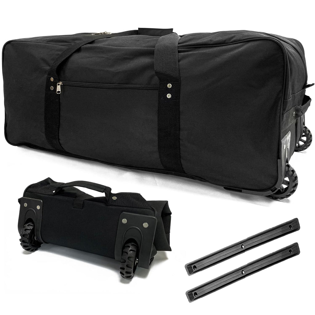 36" Extra Large Foldable Rolling Duffle Bag with Support, Heavy-Duty Spacious Checked Luggage Bag, Wheelered Cargo Tote for Travel Camping Moving, Black
