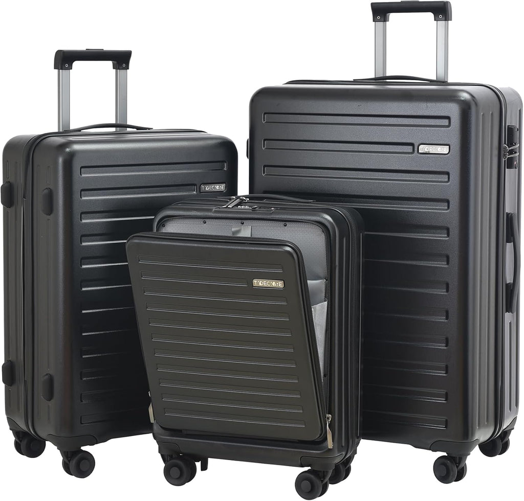 3Pcs (20/24/28) Luggage Set, HardShell Lightweight TSA Lock Only 20" with Front Pocket, 21.65*15.35*7.87" Fits Overhead Cabin, 24" (26*17.7*10.2") and 28" (19.68*11.81*29.92") Checked Luggage, Black