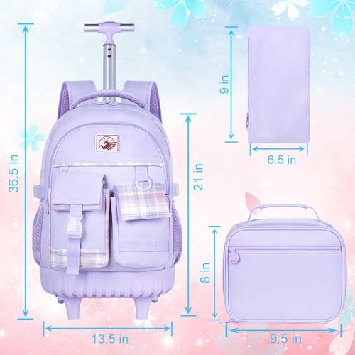 3PCS Girls Rolling Backpack, Women Roller Bookbag with Lunch Box for Adults, Water Resistant Wheeled School Bag for College Teens Kids Travel - Purple