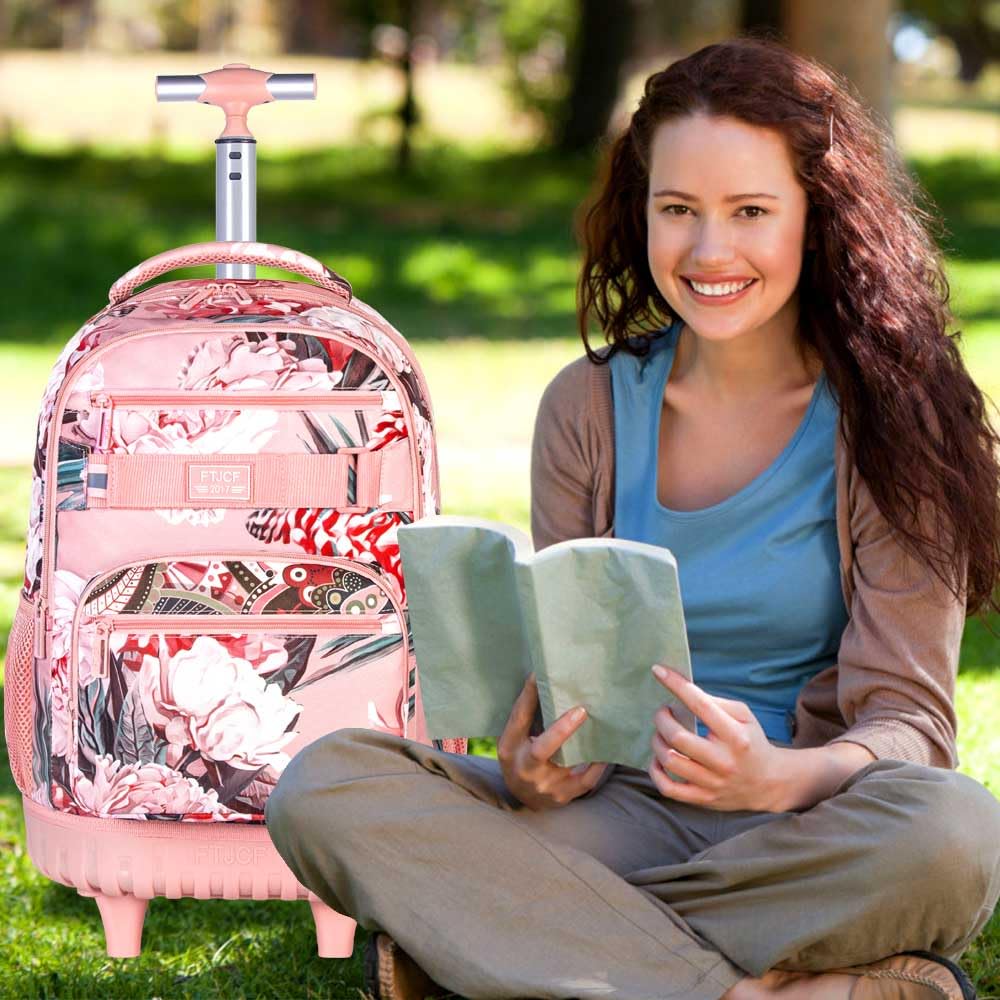 3Pcs Rolling Backpack for Girls Women, 19 Inche Adults Roller Bag with Wheels, Flower Wheeled Bookbag with Lunch Box(Pink)