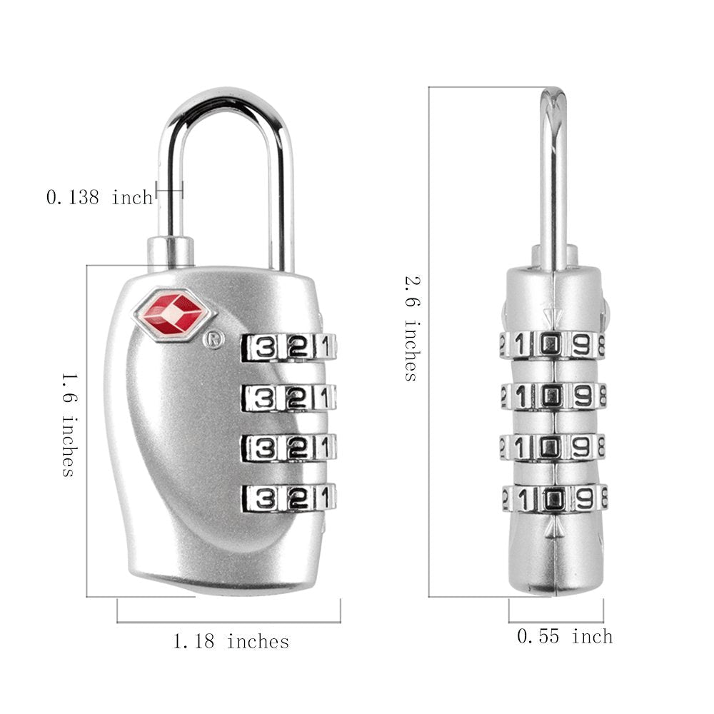 4 Dial Digit TSA Approved Travel Luggage Locks Combination for Suitcases (Silver - 4pack)