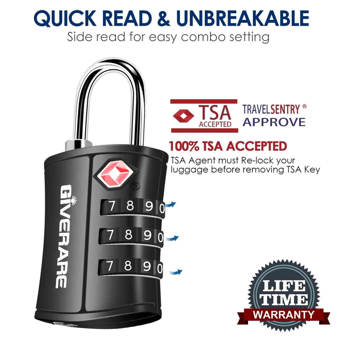 4 Pack TSA Approved Travel Luggage Locks, Combination Lock Keyless, 3 - Digit Padlocks, Travel Sentry Accepted Compatible Padlock for Gym Locker, Golf Bag Case, Backpack, Black - by GIVERARE