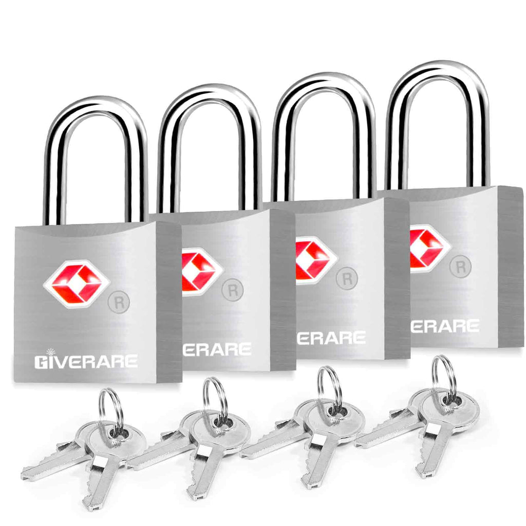 4 Pack TSA Approved Travel Luggage Locks with Keys, Aluminum Alloy Keyed Padlock, Small Metal Suitcase Lock, Weatherproof Padlocks for Backpack, Gym Locker, Bag, Case, Jewelry Box, Anti Theft-Silver