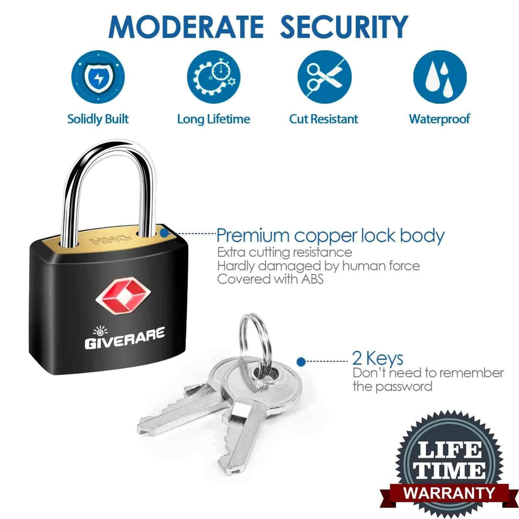4 Pack TSA Approved Travel Luggage Locks with Keys, Solid Brass Copper Keyed Padlock, ABS Plastic Covered Small Locks for Suitcase, Backpack, Gym Locker, Jewelry Box - by GIVERARE