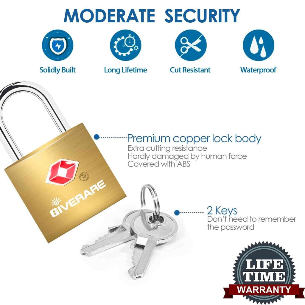 4 Pack TSA Approved Travel Luggage Locks with Keys, Solid Brass Copper Keyed Padlock, Small Locks for Suitcase, Backpack, Gym Locker, Jewelry Box, Gold - by GIVERARE