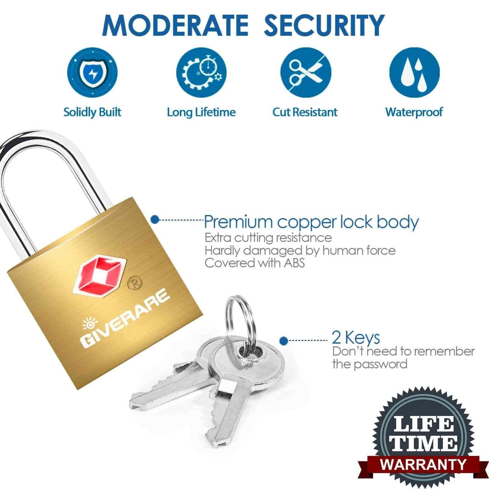 4 Pack TSA Approved Travel Luggage Locks with Keys, Solid Brass Copper Keyed Padlock, Small Locks for Suitcase, Backpack, Gym Locker, Jewelry Box, Gold - by GIVERARE